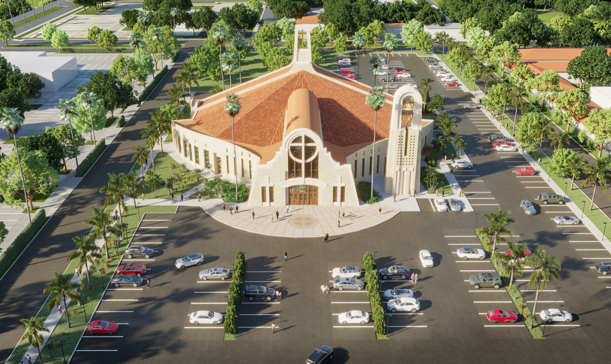 Daytime aerial 3D rendering of the renovated Epiphany Cathedral in Venice, Florida, its terracotta roof fanning out behind the new front entrance, with the campanile, palm-lined parking court, and surrounding streets.
