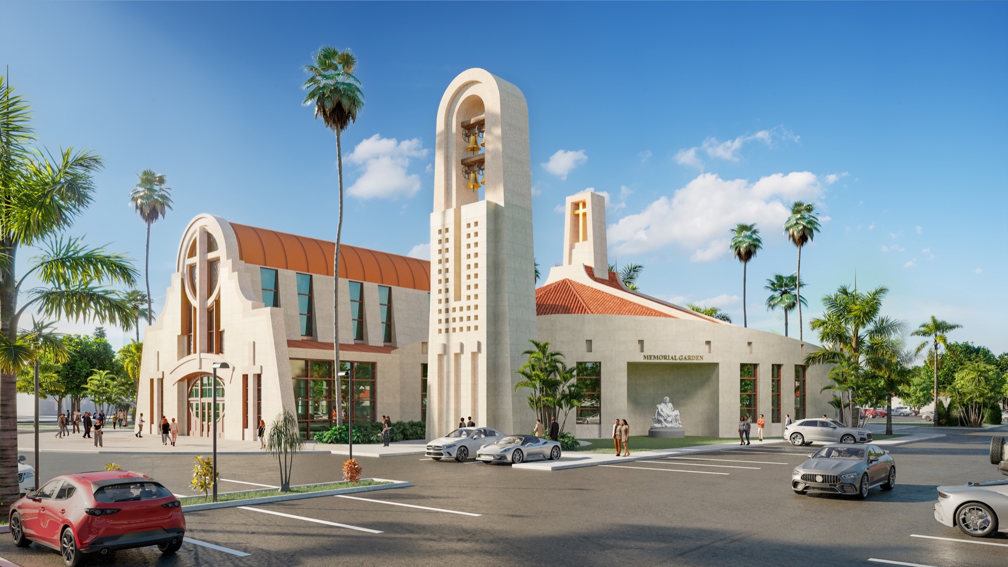 Daytime 3D rendering of the Epiphany Cathedral campanile and the memorial garden niche on the northeast facade, a white Pieta statue set into the curved wall under gold Memorial Garden lettering, with palms and parked cars along the street.