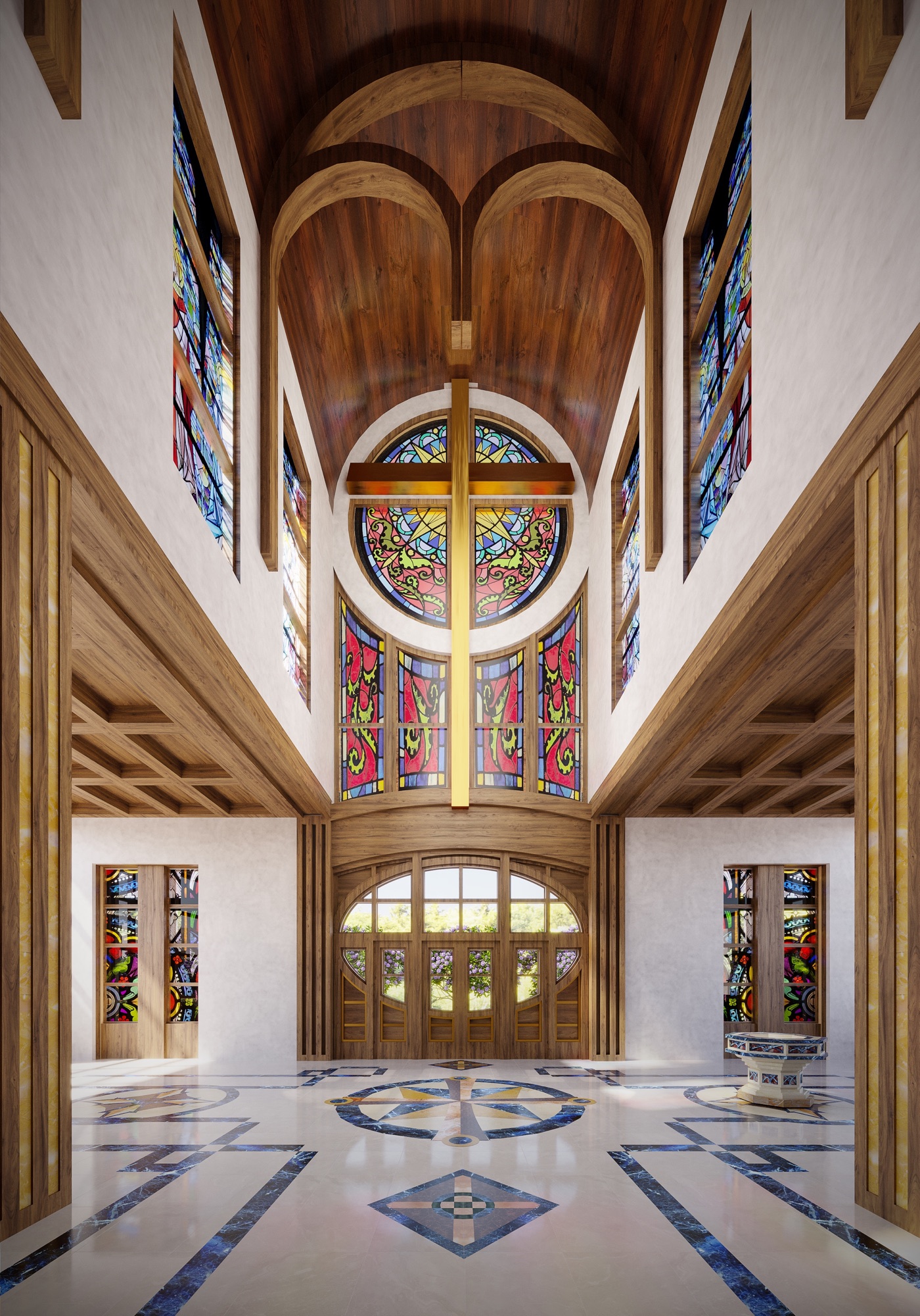 Interior 3D rendering of the Epiphany Cathedral narthex, the rose window with its gold cross glowing above arched mahogany entry doors, flanked by tall stained glass panels over a patterned marble floor.