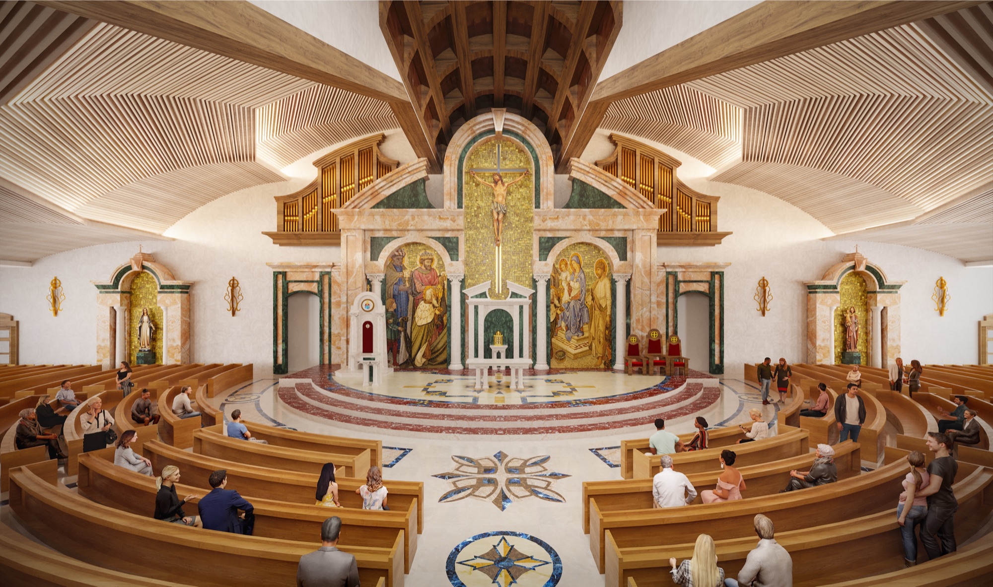 Interior 3D rendering of the renovated Epiphany Cathedral sanctuary with a congregation seated in curved wooden pews, the marble reredos carrying a gold mosaic of the Epiphany behind the altar, under a fan-vaulted timber ceiling.
