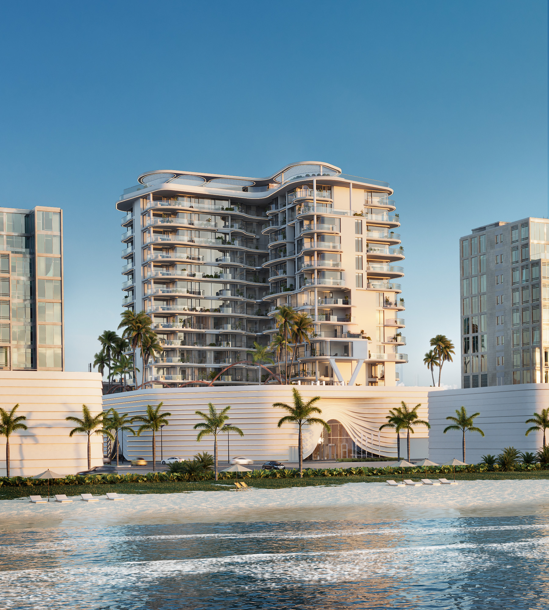 Aerial 3D rendering of Esmé Beach Residences seen from over the water, a beachfront condominium with curved stacked balconies rising behind a palm-lined podium on Dubai Islands.
