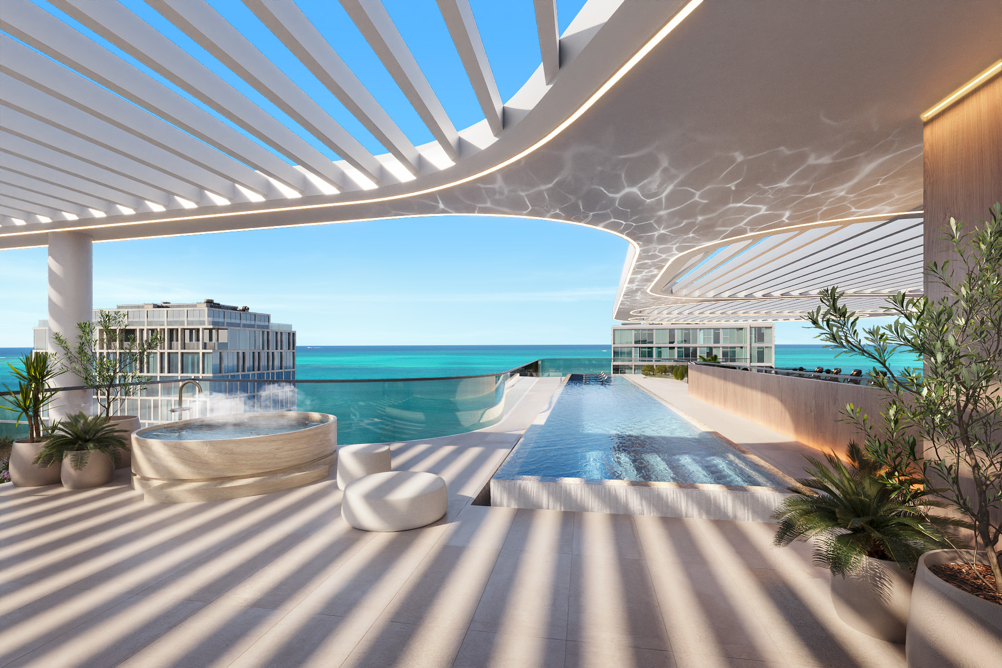 Interior 3D rendering of the rooftop lap pool at Esmé Beach Residences, a long glass-edged pool and round spa tub under a sculpted white pergola with rippling water-light on its ceiling, the turquoise sea on the horizon.