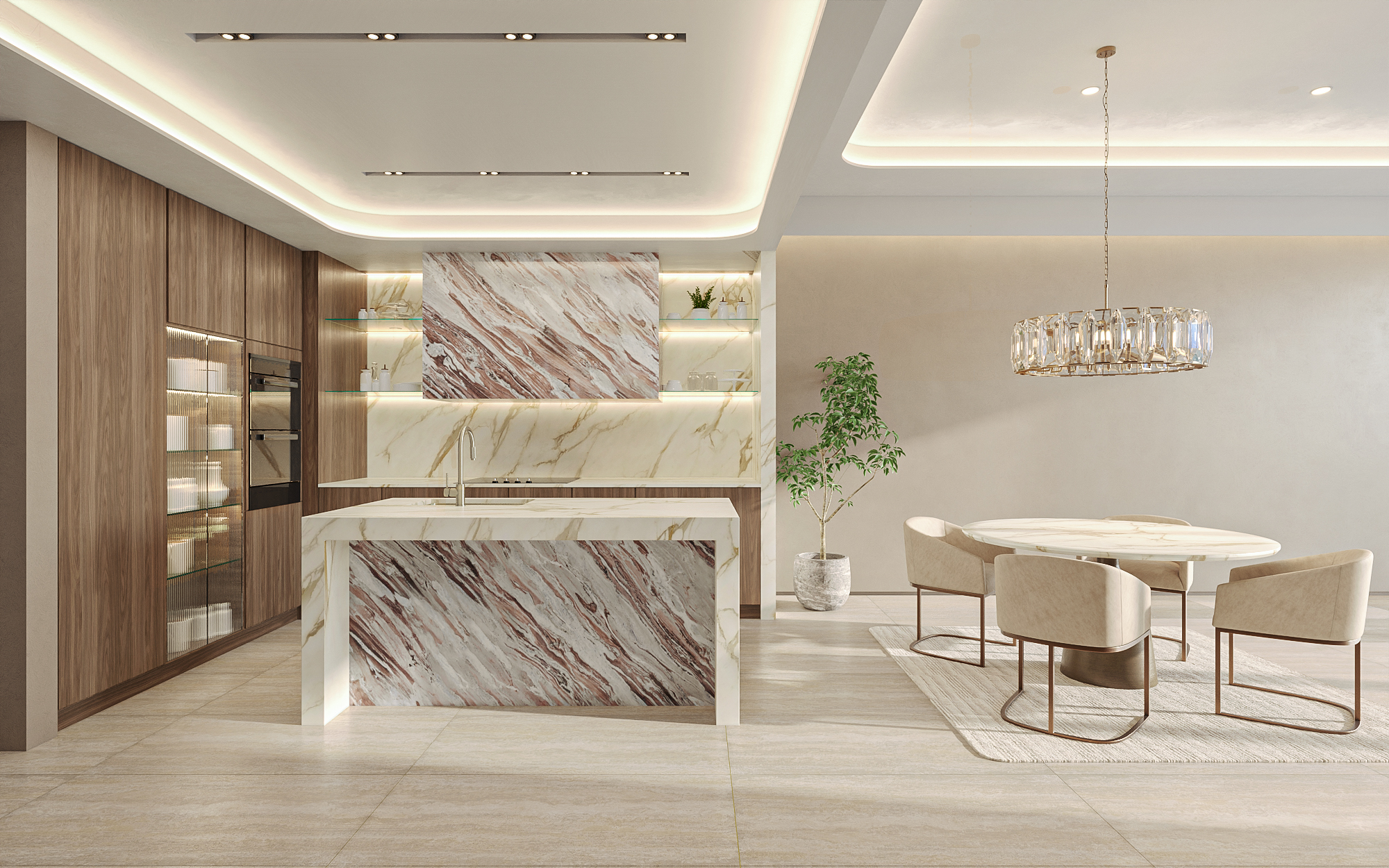 Interior 3D rendering of a kitchen and dining area at Esmé Beach Residences in the white and walnut scheme, a marble-wrapped island and backsplash, glass-fronted crockery cabinet, and a round marble dining table under a crystal chandelier.