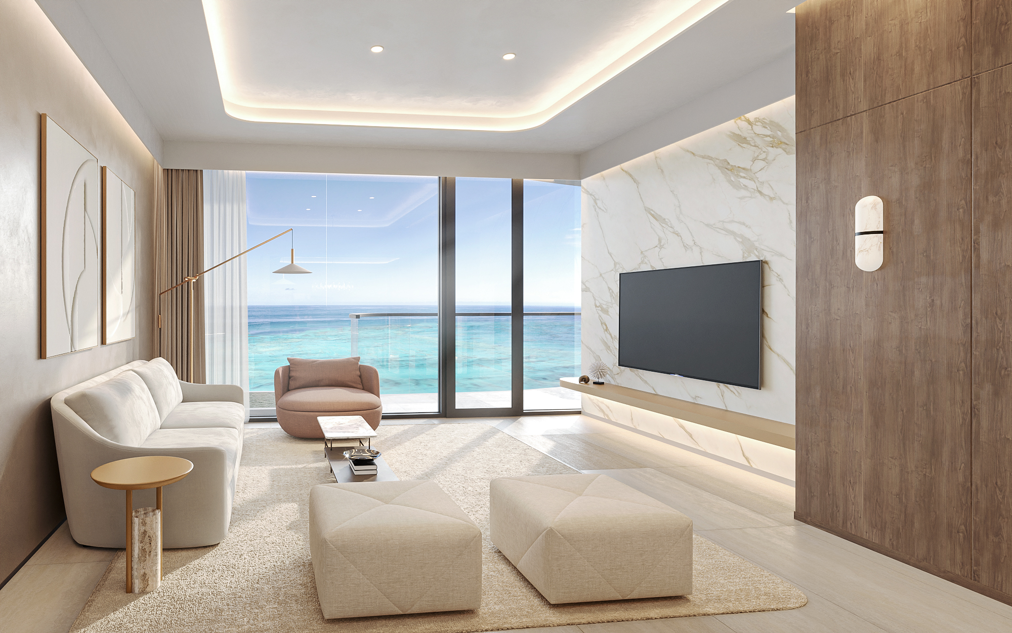 Interior 3D rendering of a living room at Esmé Beach Residences, a cream boucle sofa and blush armchair facing a marble media wall, with floor-to-ceiling windows opening to a balcony over the turquoise Arabian Gulf.