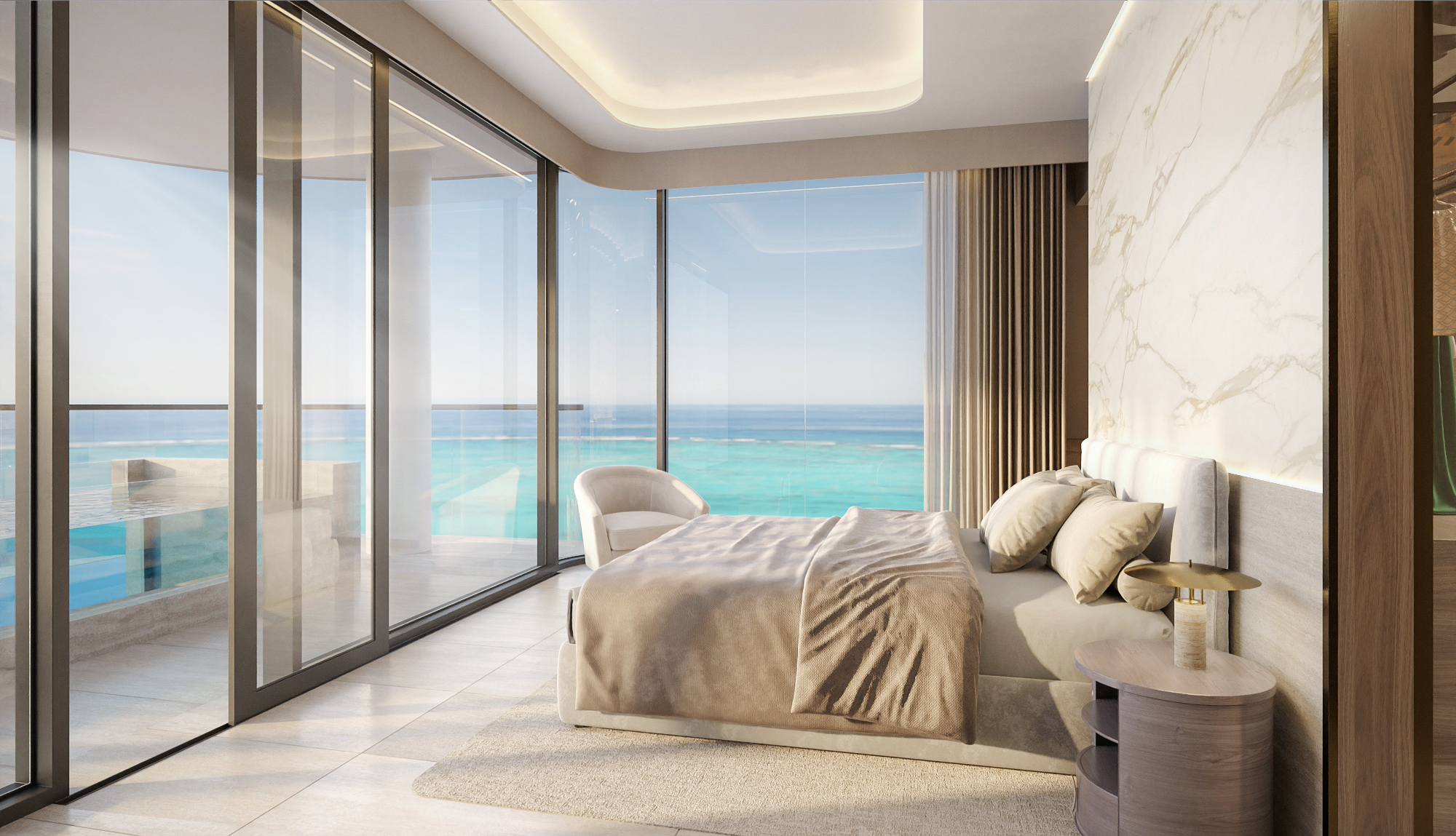 Interior 3D rendering of the primary bedroom at Esmé Beach Residences, a bed in sand tones against a backlit marble headboard wall, glass walls on two sides opening to a terrace with a plunge pool and the Arabian Gulf beyond.