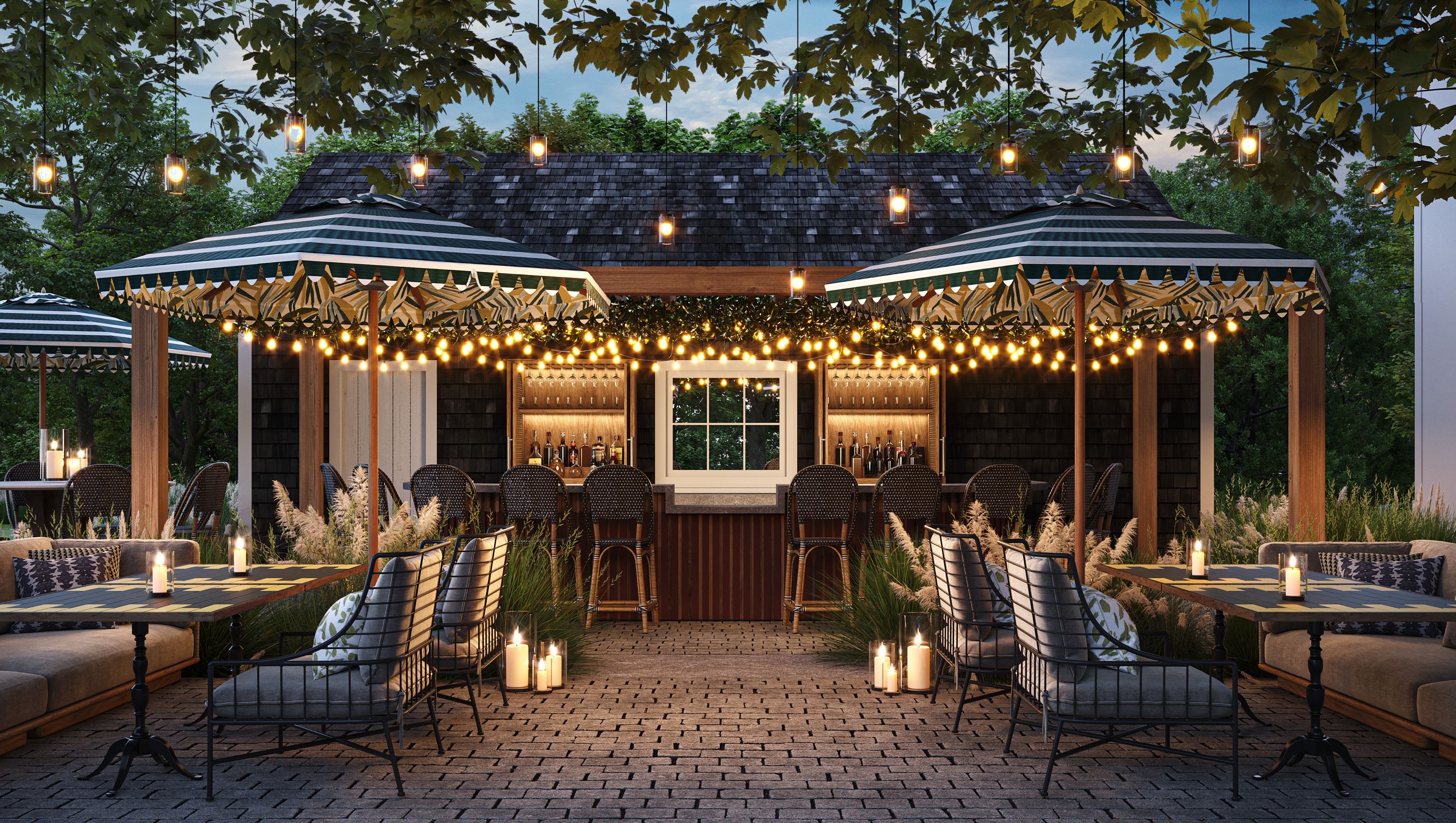 Evening 3D rendering of the outdoor garden bar at Faraway Martha's Vineyard, a shingled bar pavilion with striped canopies, string lights, rattan barstools, and candle-lit lounge tables among grasses.