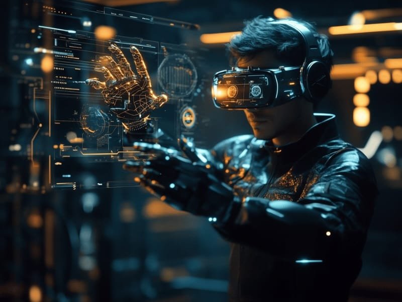 Designer interacting with advanced VR tools, including haptic feedback gloves and AI-driven design suggestions