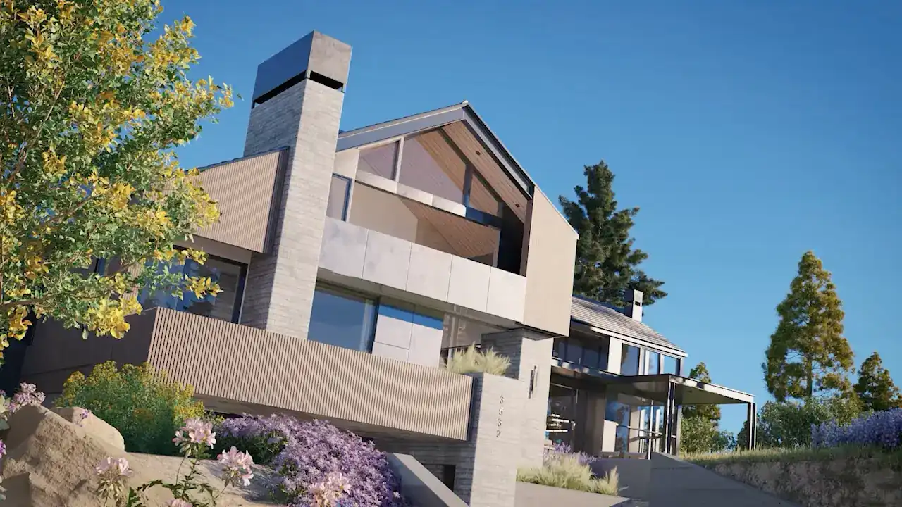 3D exterior rendering of a modern hillside home with a stone chimney, wood-clad facade, and a glass-gabled upper level above a lavender garden