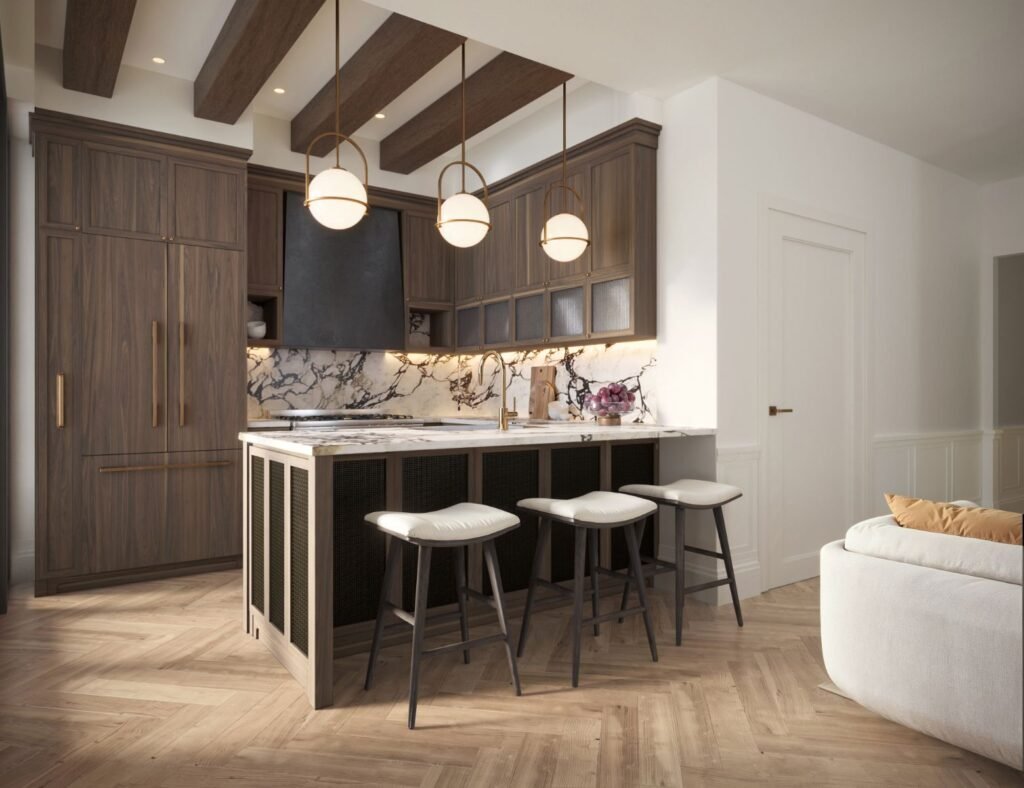 3D rendering of townhouse kitchen at 402 Union Avenue in Williamsburg Brooklyn featuring custom wood cabinetry, marble island, and bar seating