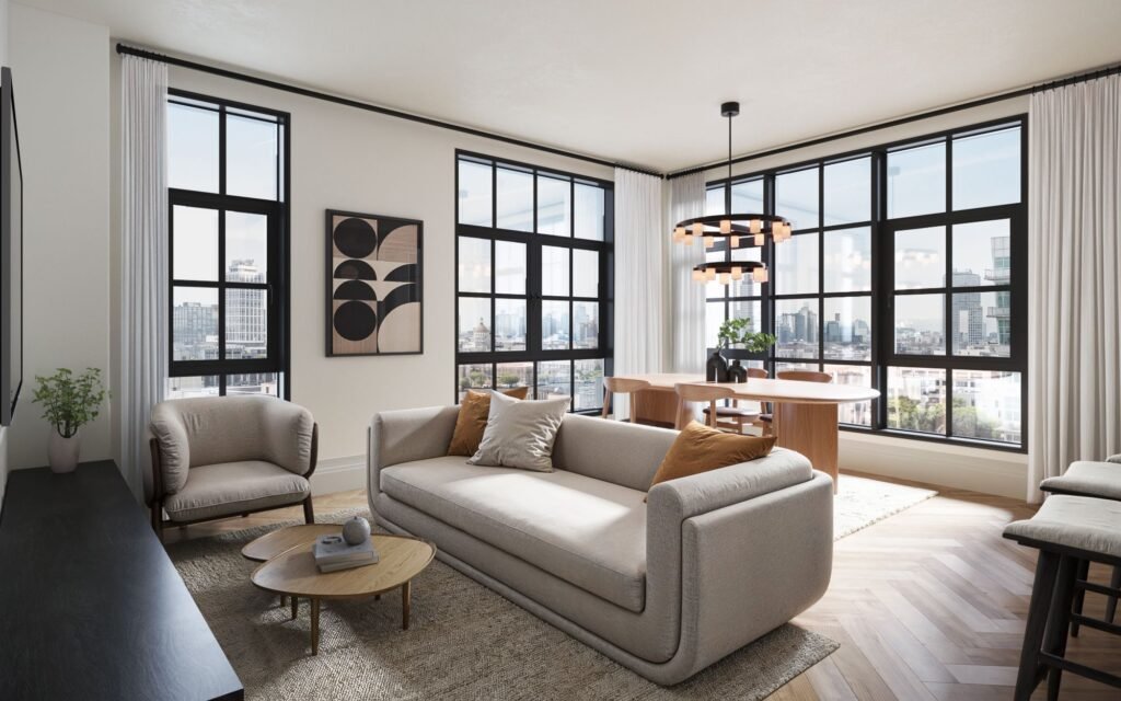 3D rendering of townhouse living room at 402 Union Avenue in Williamsburg Brooklyn