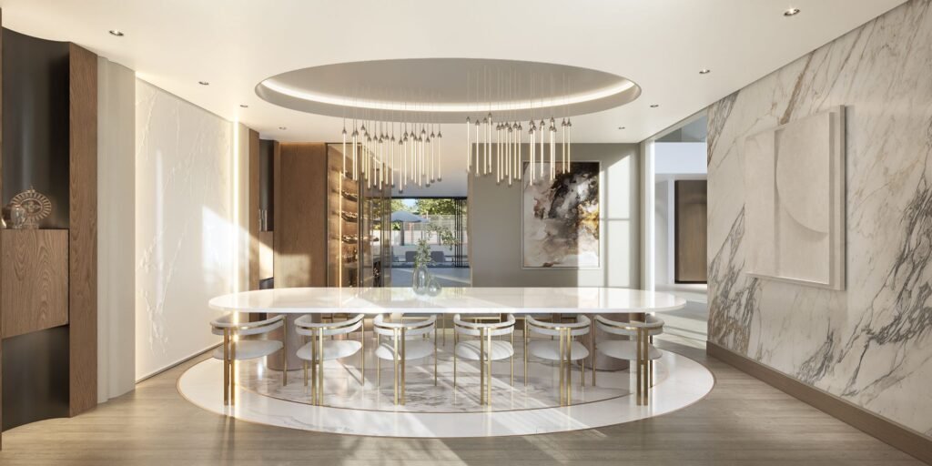 3D rendering of proposed dining area showing circular table, integrated seating, and ceiling lighting feature