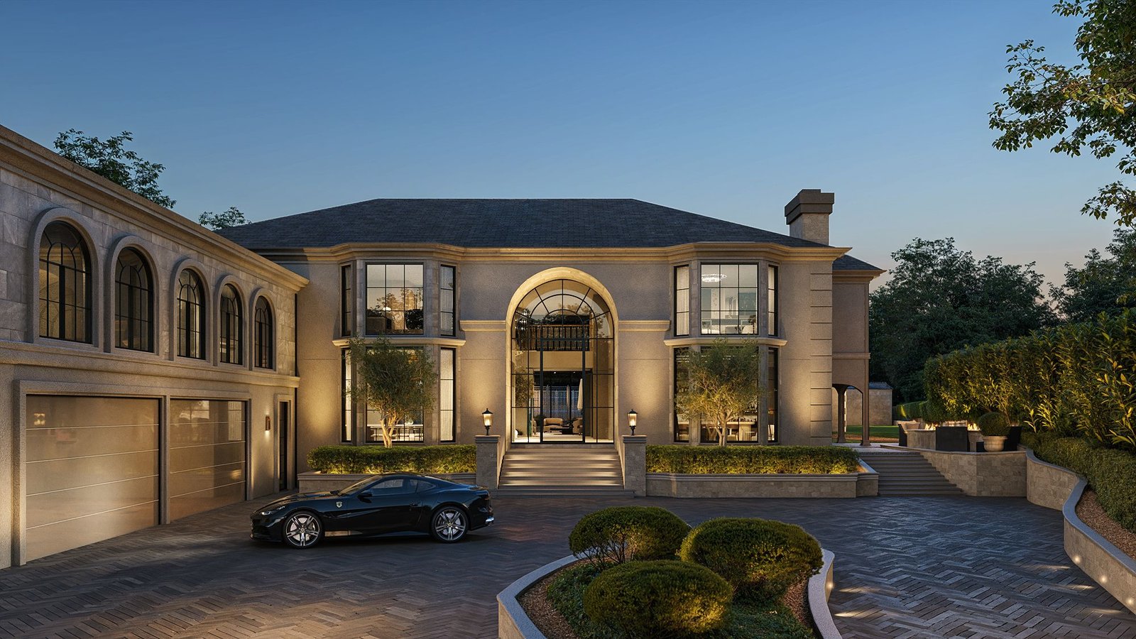 3D rendering of luxury residential house showing symmetrical façade, arched entry, and landscaped driveway