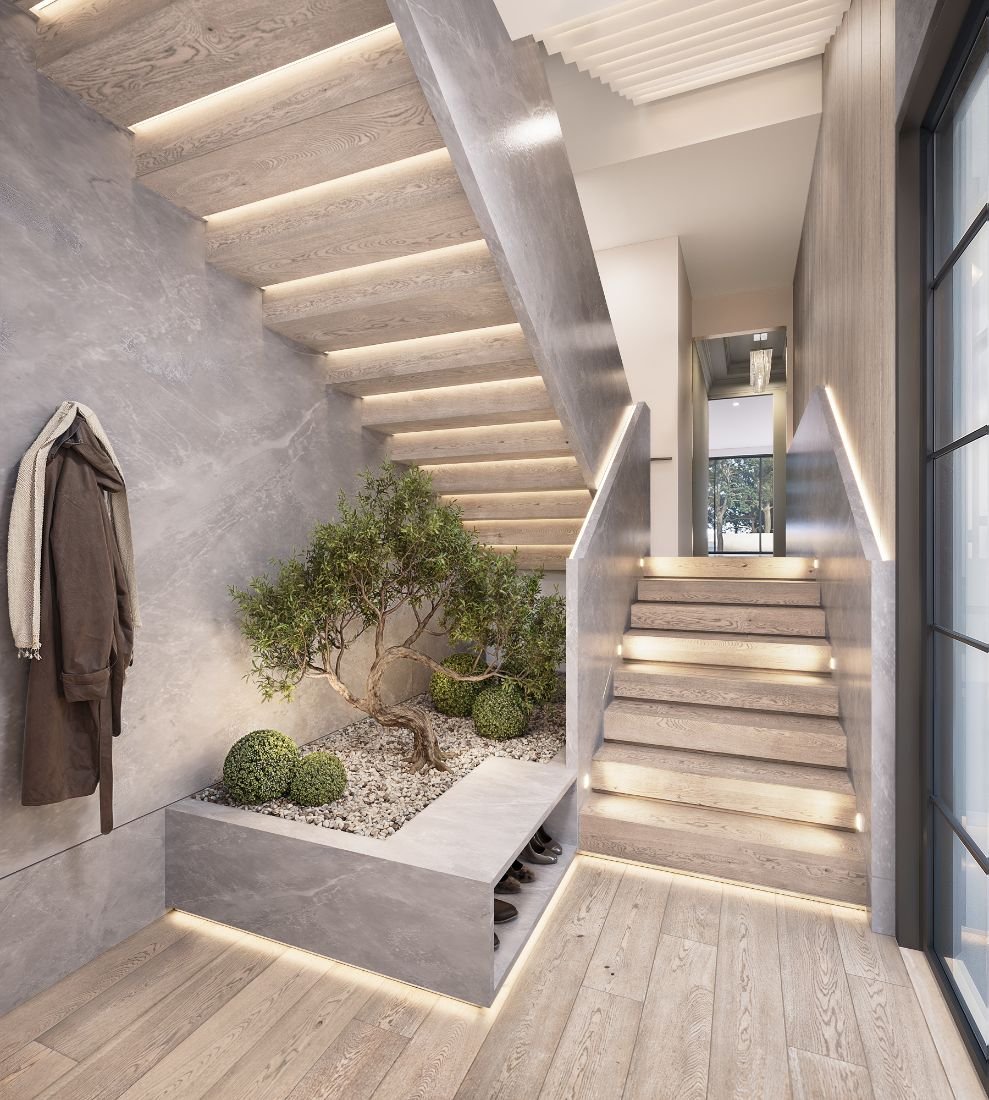 3D rendering of proposed stair hall showing illuminated steps, integrated planter, and circulation layout