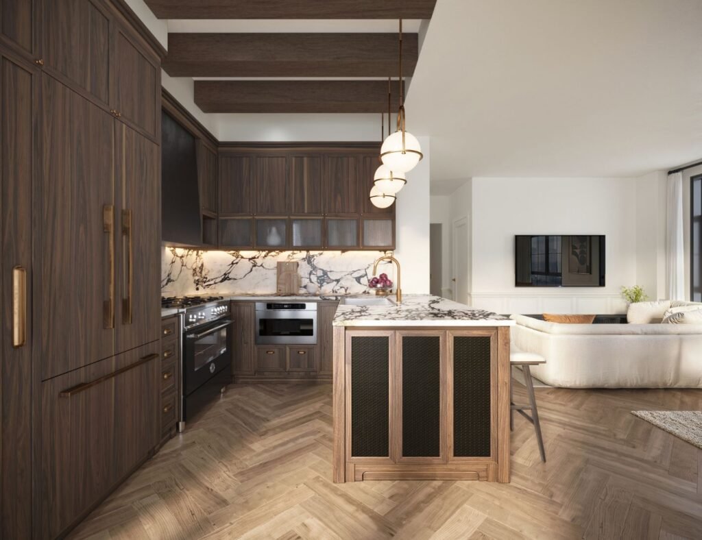 3D rendering of townhouse kitchen at 402 Union Avenue in Williamsburg Brooklyn featuring custom wood cabinetry, marble backsplash, and central island