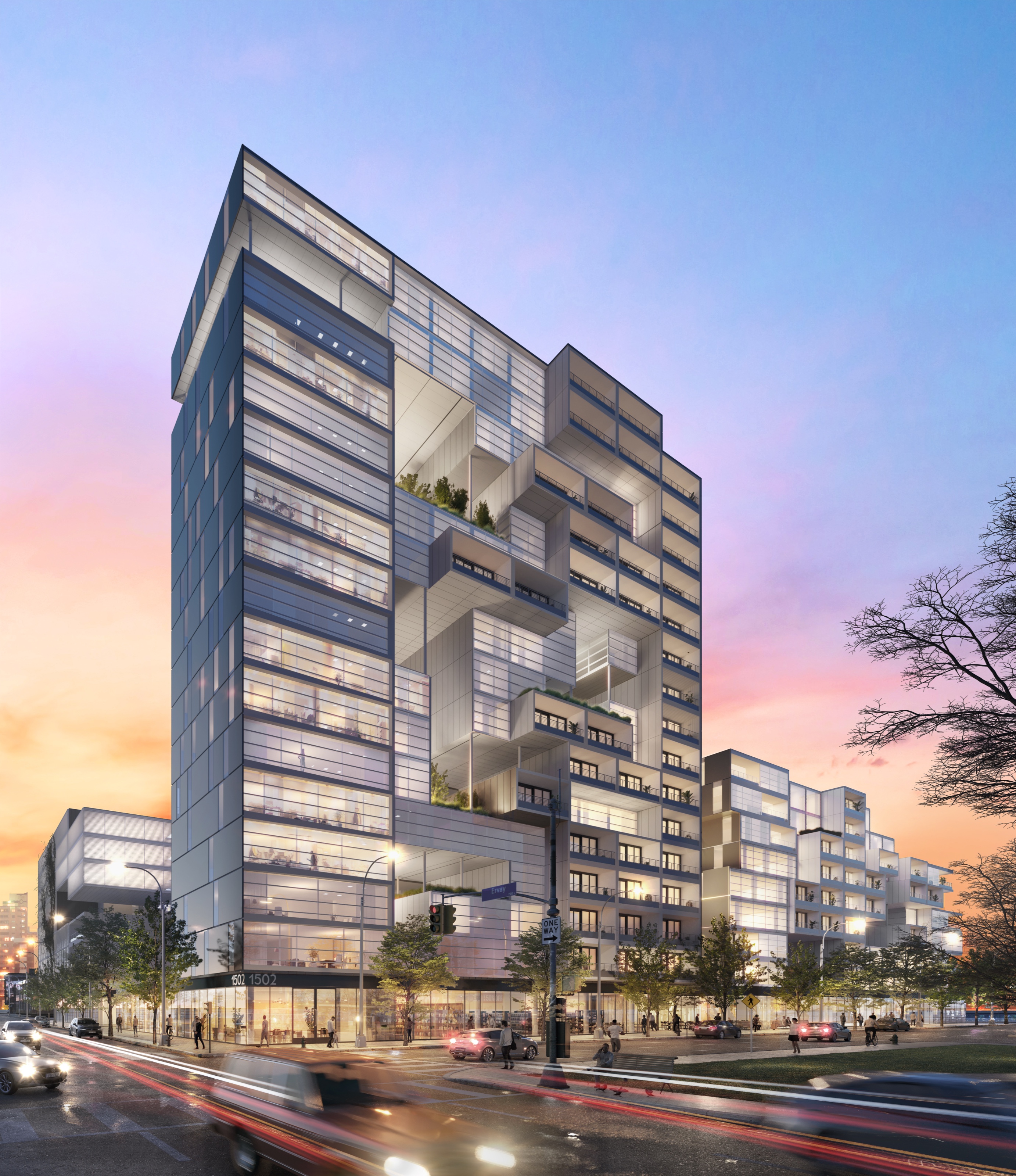 Dusk 3D rendering of the Re-Vision Dallas residential tower, a mid-rise glass volume with carved-out planted balconies glowing warmly above street traffic.