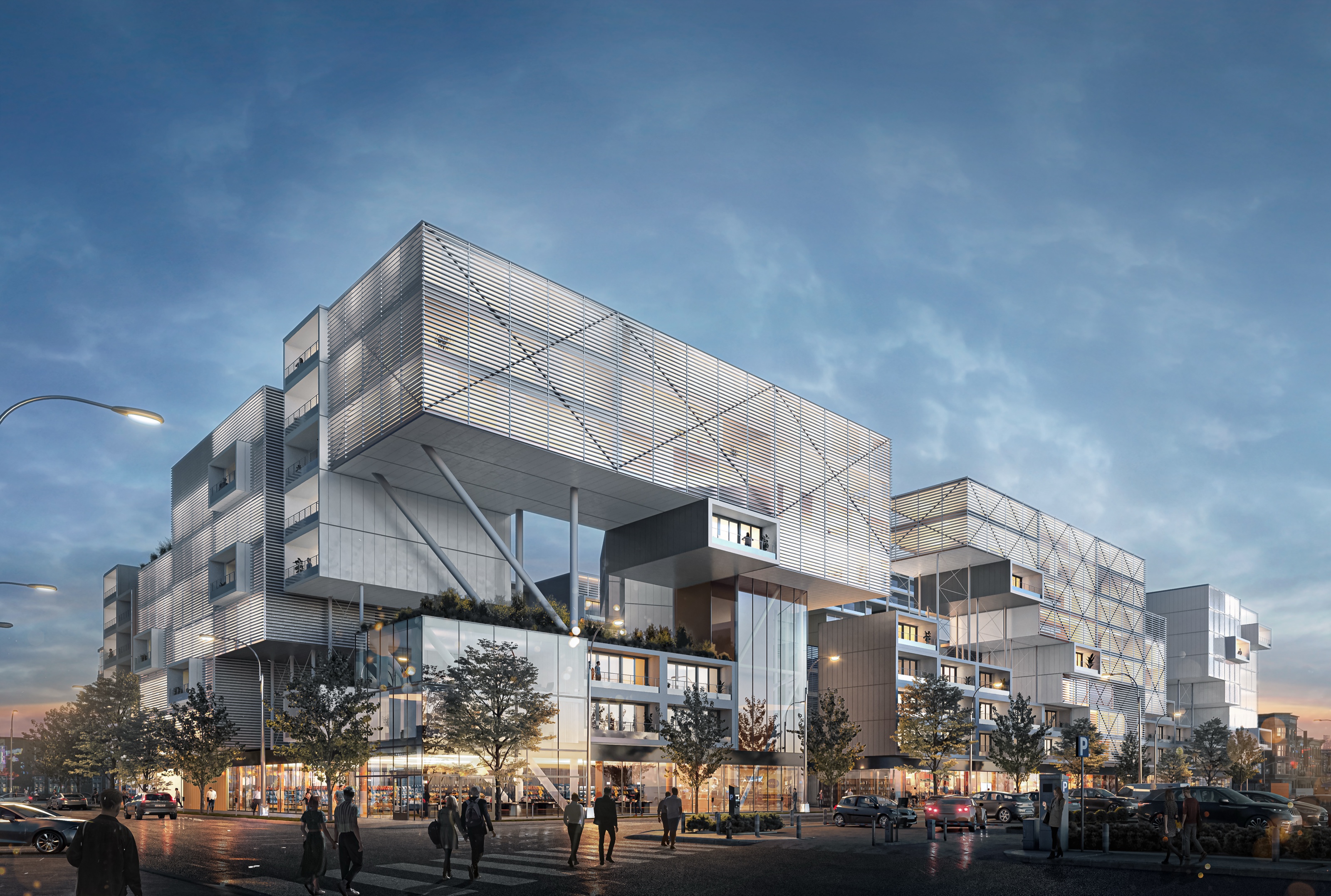 Evening 3D rendering of the Re-Vision Dallas concept from the street corner, stacked volumes wrapped in patterned metal screens above glowing retail, with pedestrians crossing in the foreground.