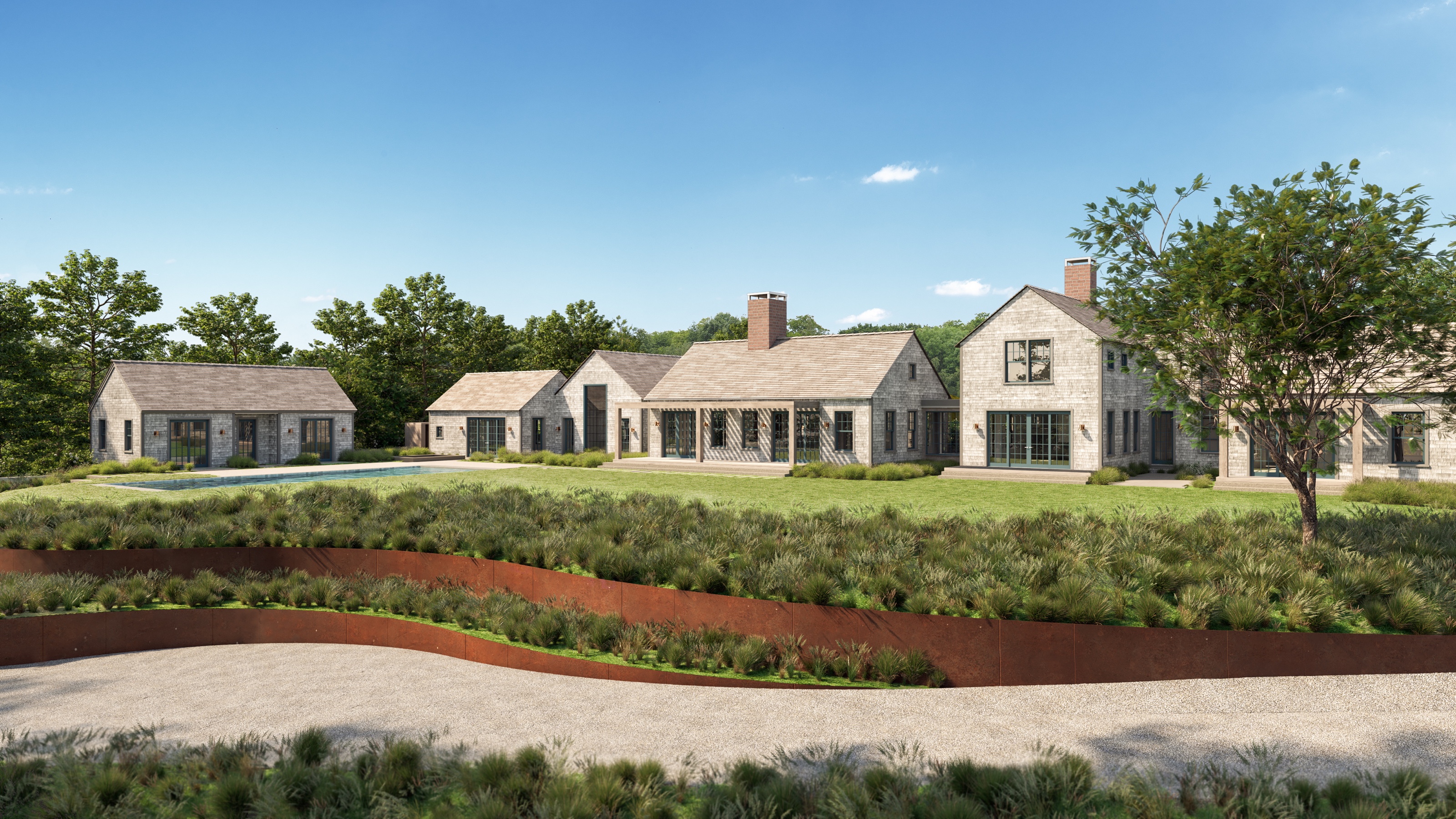 Daytime 3D rendering of the estate's garden elevation with the pool at left, gabled shingle-and-stone volumes behind terraced plantings and a curved corten steel retaining wall along the gravel drive.