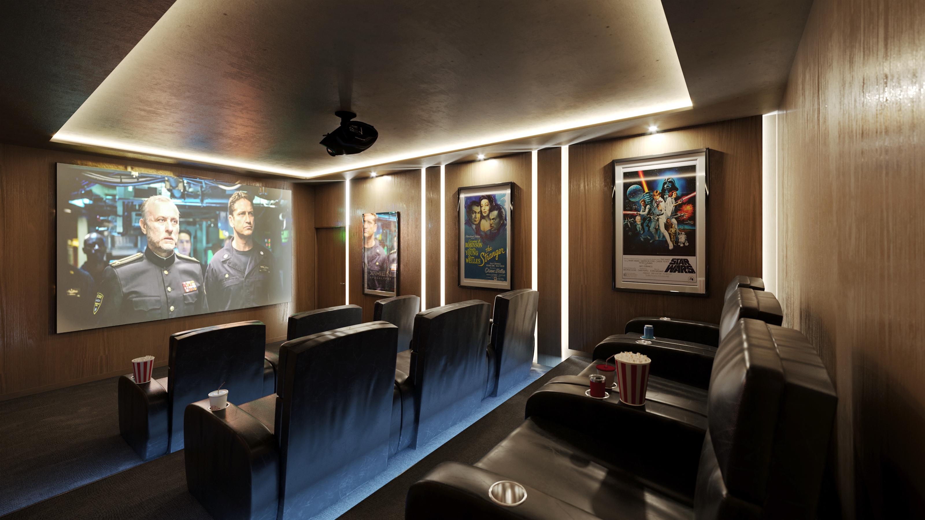 Interior 3D rendering of the private cinema at Torres Acacia, black leather recliners with cup holders of popcorn and drinks, backlit wall slats, framed movie posters, and a film playing on the screen.