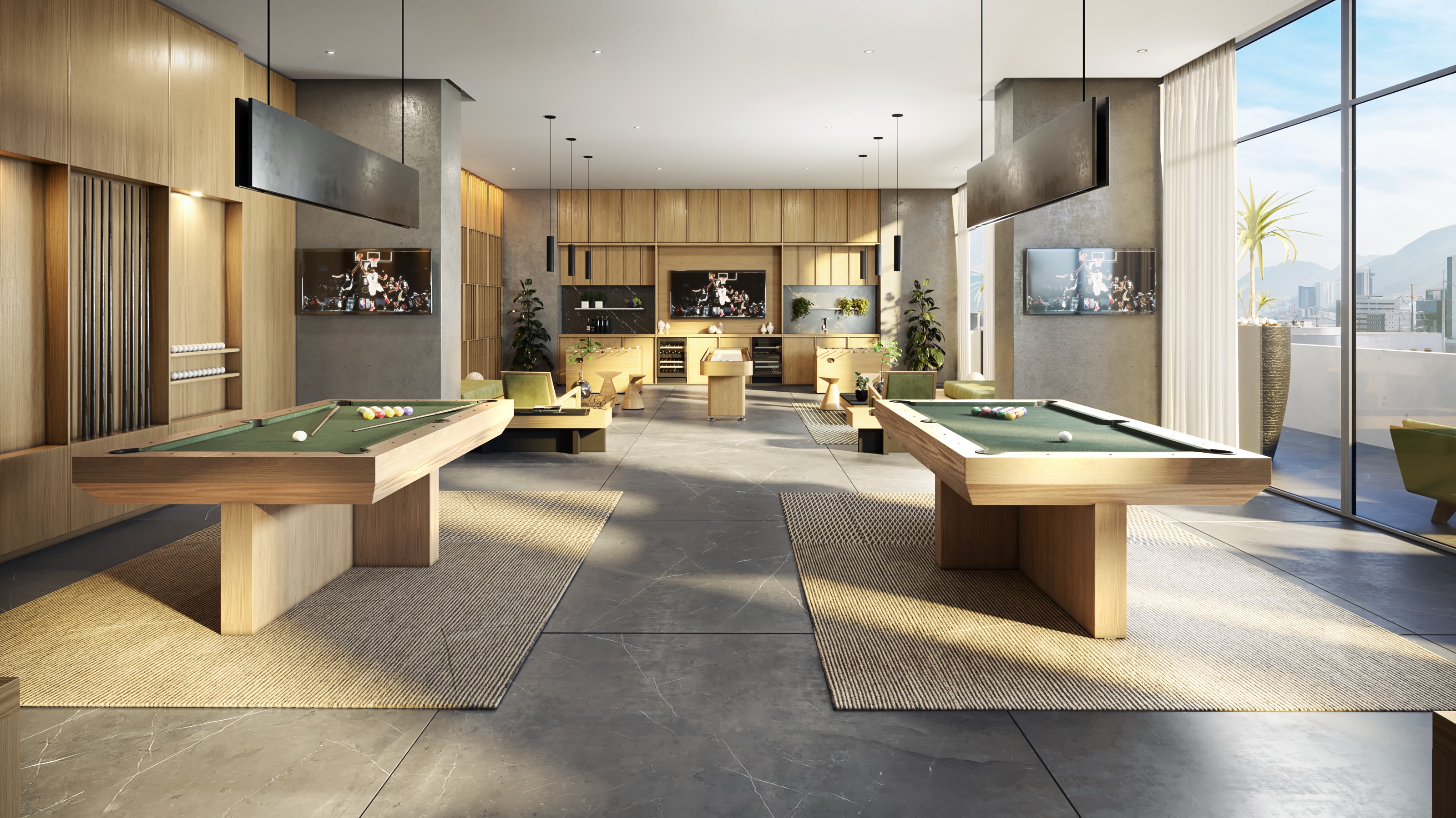 Interior 3D rendering of the game room at Torres Acacia, two wood-based billiard tables on woven rugs, oak-paneled walls with TV screens, and full-height glazing with mountain and city views.