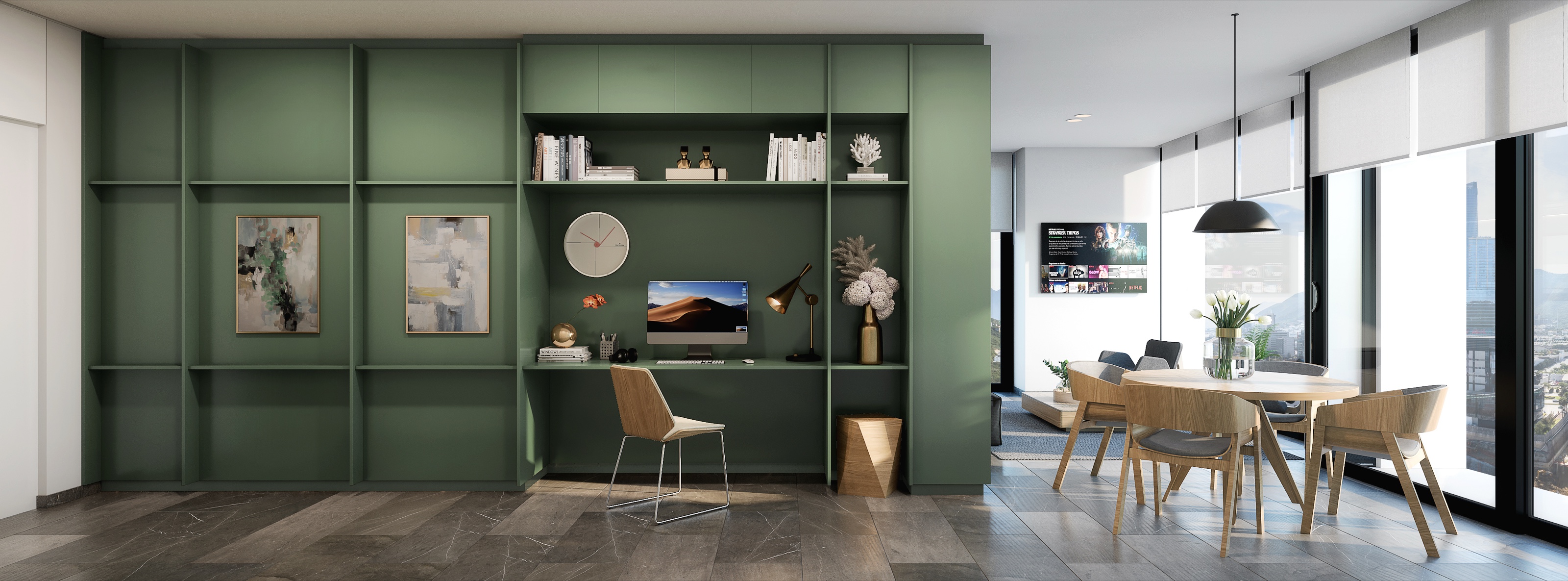 Panoramic interior 3D rendering of a model unit at Torres Acacia, a full sage-green millwork wall with desk, shelving and artwork, opening to a round-table dining corner at panoramic windows.