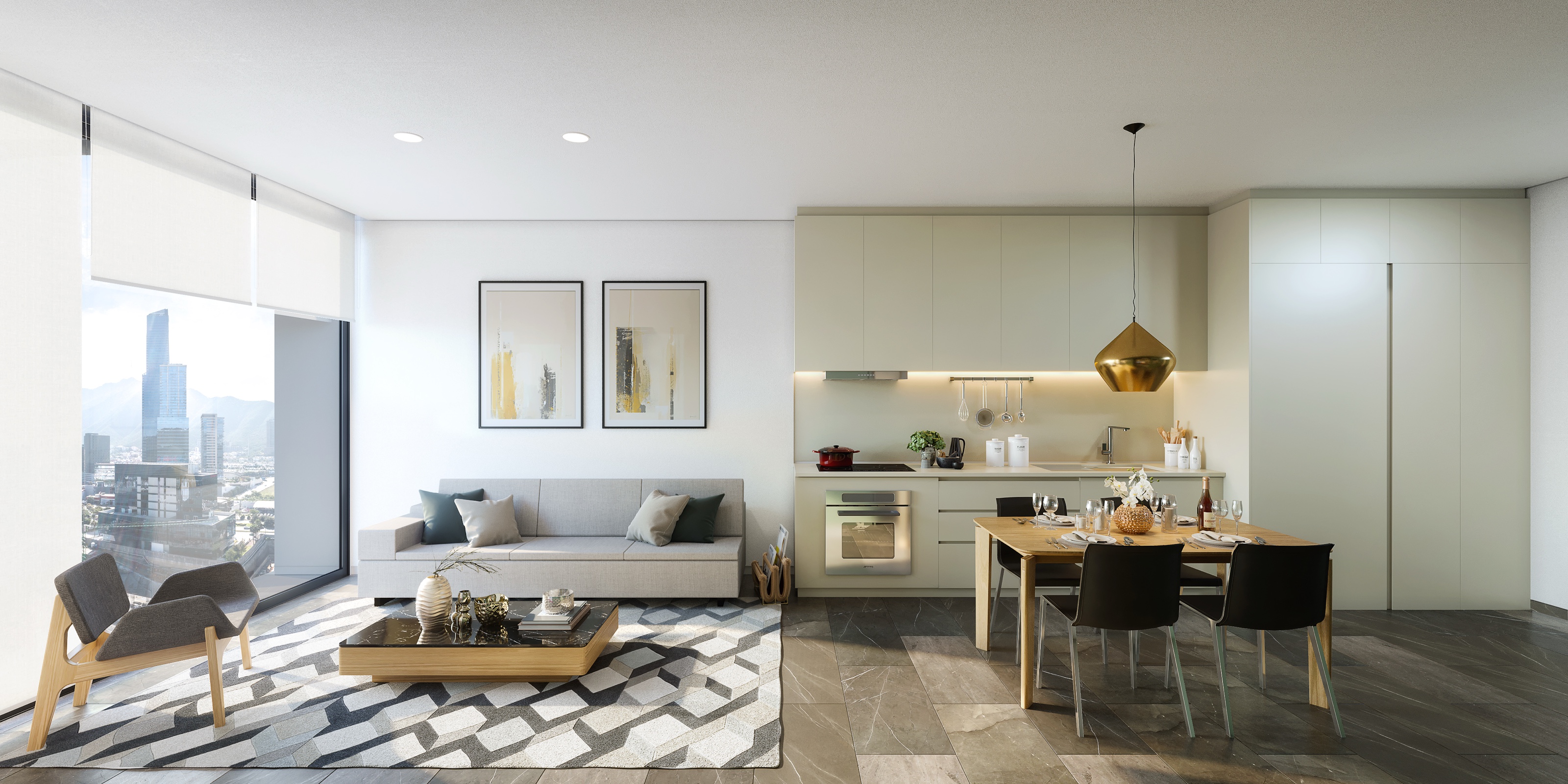 Interior 3D rendering of an open-plan residence at Torres Acacia, a gray sofa and patterned rug in front of a pale kitchen wall with a set dining table under a brass pendant, city towers in the window.