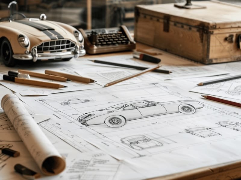 traditional drafting table with a car design