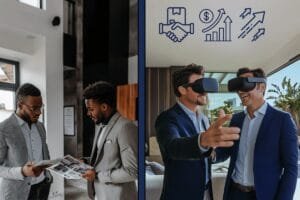 Virtual property tour confidence. Split screen showing buyer and seller using vr