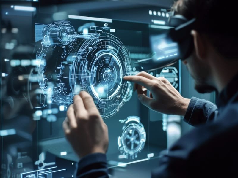 Close-up of a VR interface showing a designer fine-tuning a component of a virtual prototype
