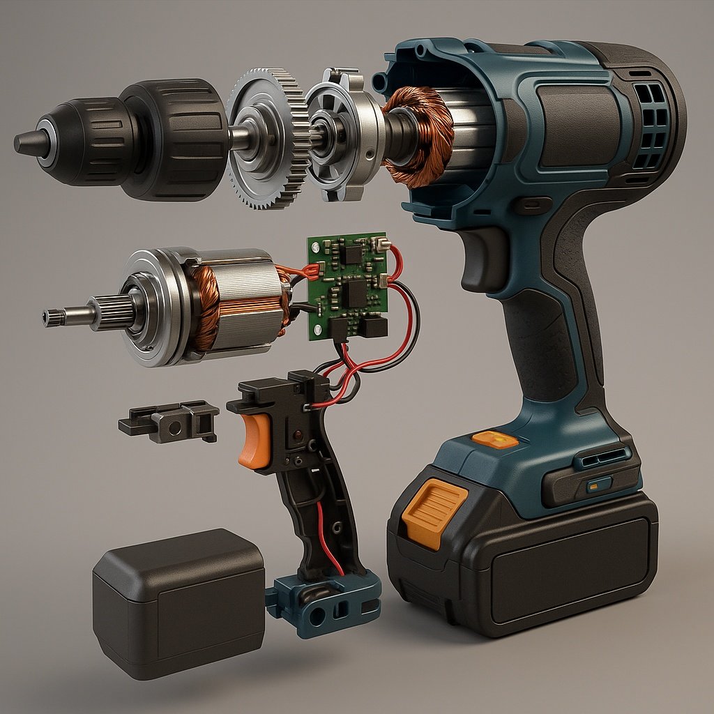 exploded view of an electric drill